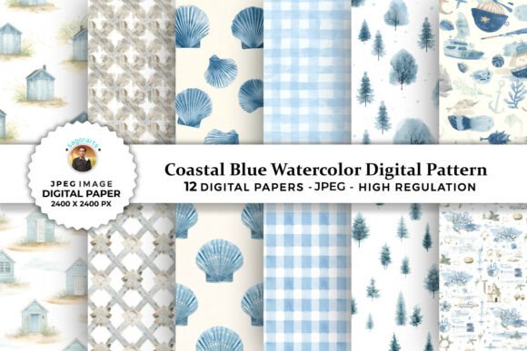 Download Coastal Blue Watercolor Digital Patterns - Patterns Collection