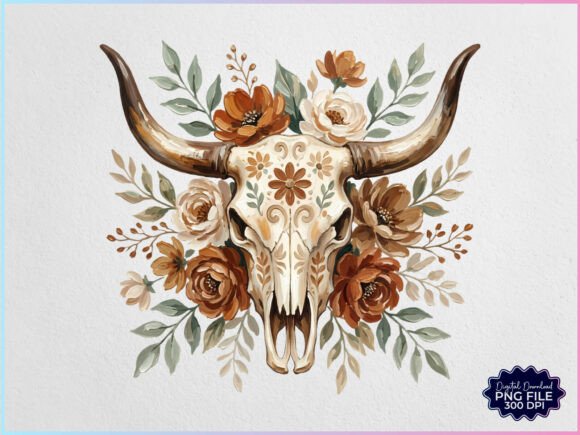 Download Western Boho Floral Cow Skull PNG - Boho floral Collection