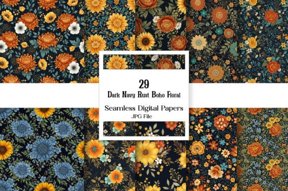 Download Dark Navy Rust Boho Floral Digital Paper - Boho floral Collection