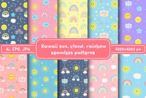 Download Kawaii Sun, Cloud, Rainbow Patterns Set - Patterns Collection