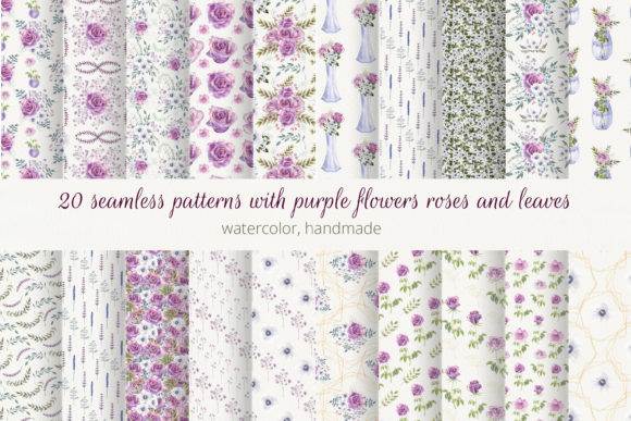 Download 20 Seamless Patterns with Purple Roses - Patterns Collection