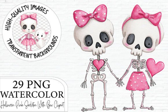 Download Halloween Pink Skeleton with Bow Clipart - Pink Collection