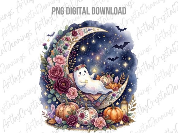 Download Boho Floral Ghost Moon Watercolor PNG - Boho floral Collection