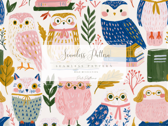 Download Whimsical Pink and Blue Owls Seamless Pattern PNG - Pink Collection