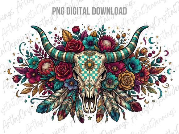 Download Western Boho Floral Longhorn Skull PNG - Boho floral Collection